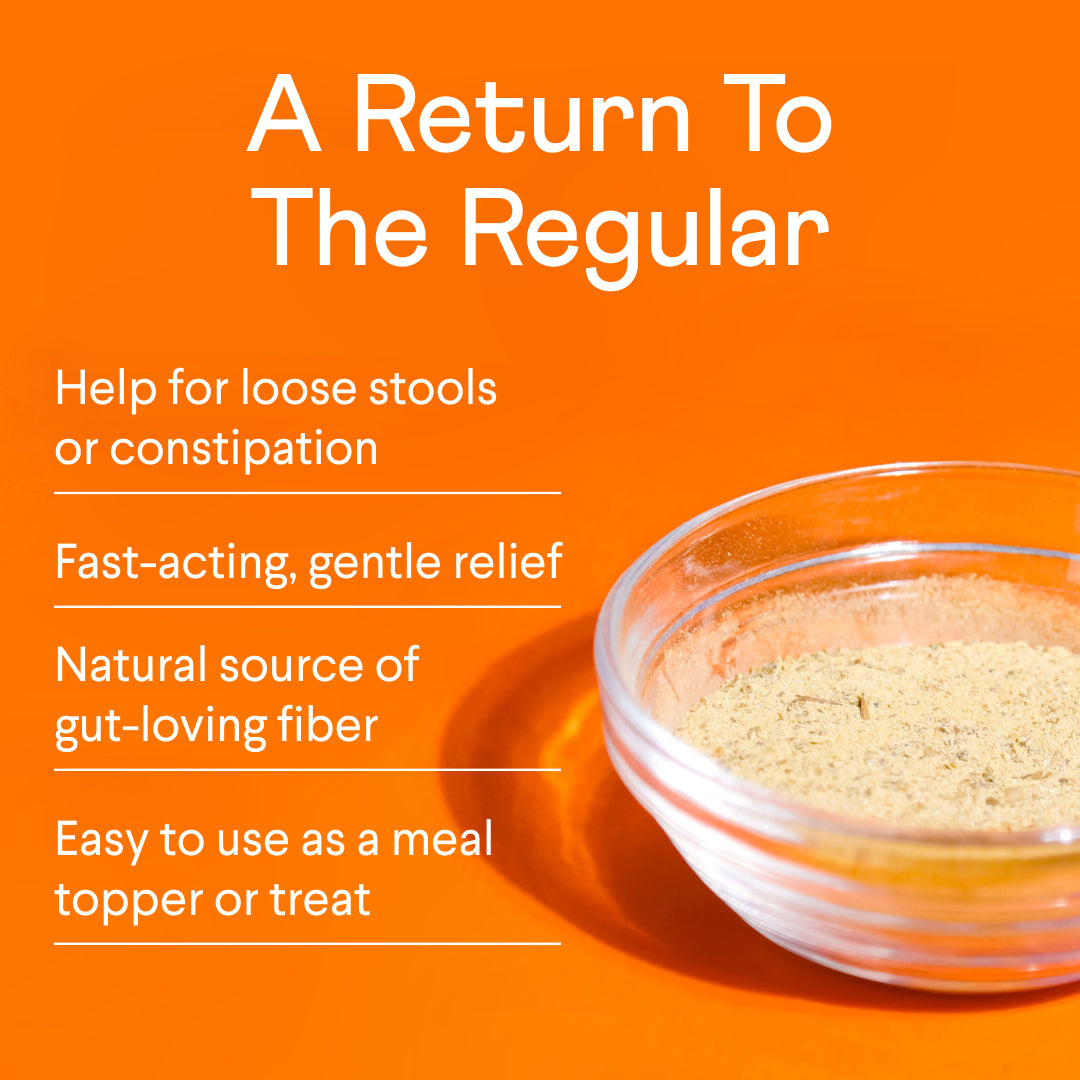 Orange promotional graphic showing glass bowl of fiber powder with text listing digestive health benefits