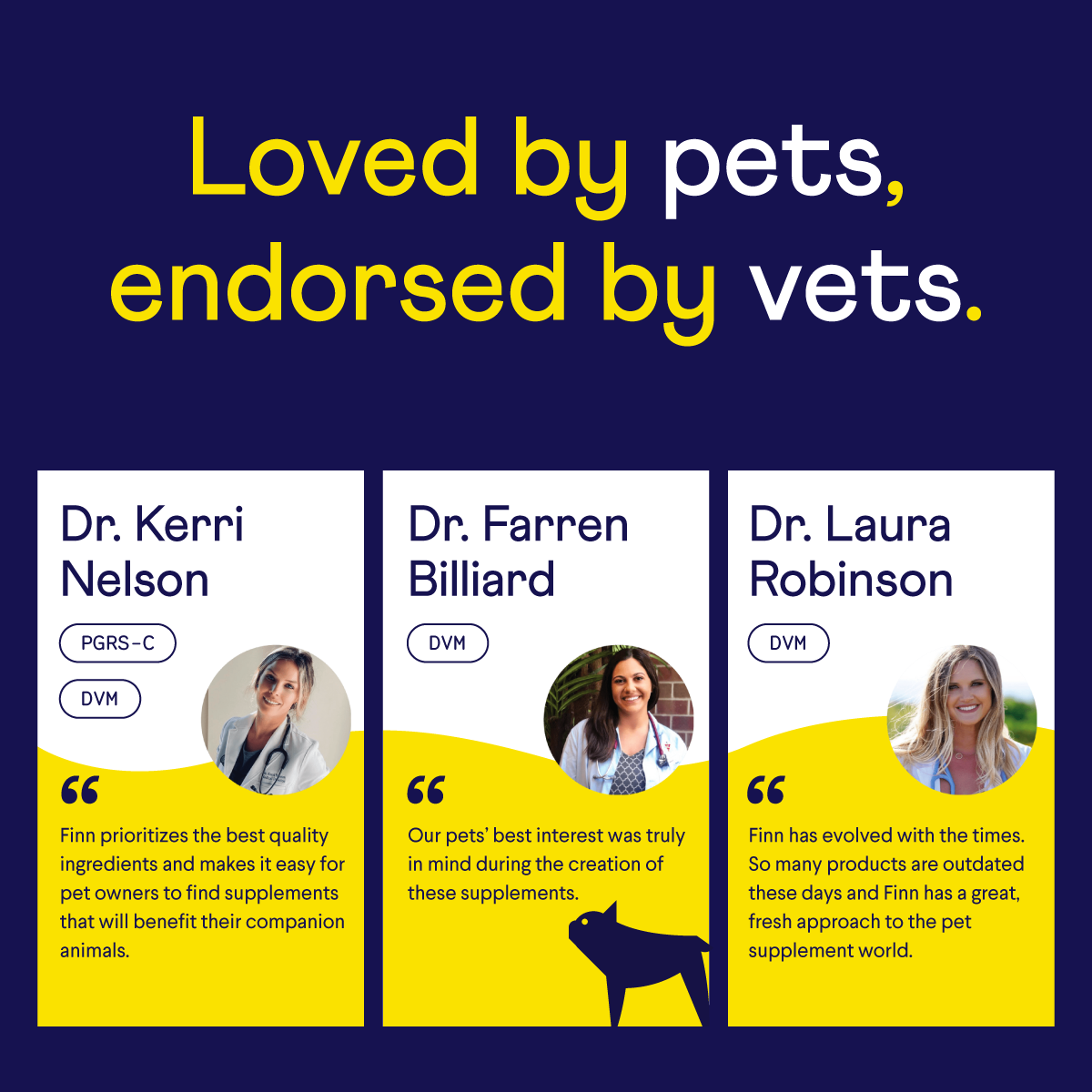 Three veterinarians endorsing pet supplements on blue and yellow background with their photos and testimonial quotes