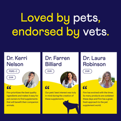 Three veterinarians endorsing pet supplements on blue and yellow background with their photos and testimonial quotes