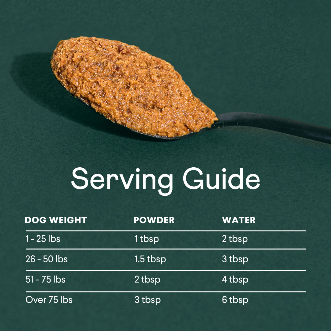 Dog food serving guide chart with orange powder on black spoon against green background, showing portions by weight