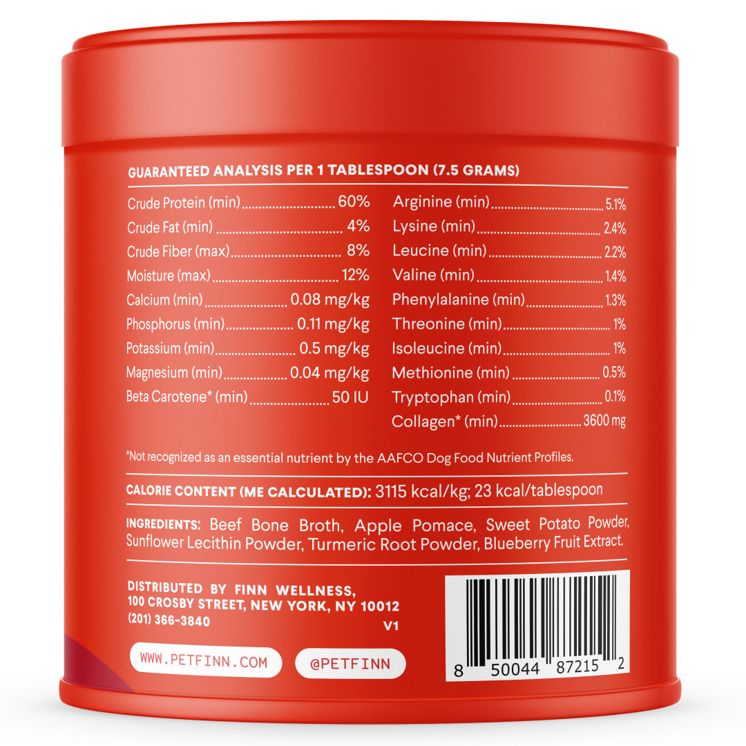 Red cylindrical pet supplement container showing nutritional analysis label with protein, vitamins, and ingredient list on back panel