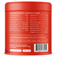 Red cylindrical pet supplement container showing nutritional analysis label with protein, vitamins, and ingredient list on back panel