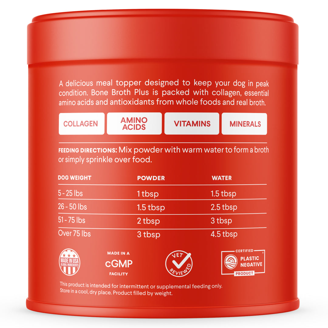 Red cylindrical container of Finn Bone Broth Plus dog supplement showing feeding directions, ingredients, and nutritional benefits on back label
