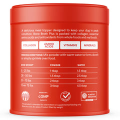 Red cylindrical container of Finn Bone Broth Plus dog supplement showing feeding directions, ingredients, and nutritional benefits on back label