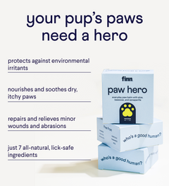 Product advertisement for Finn paw hero balm showing blue packaging with paw print logo and listing benefits like protecting against irritants, soothing dry paws, healing wounds, and containing 7 natural ingredients