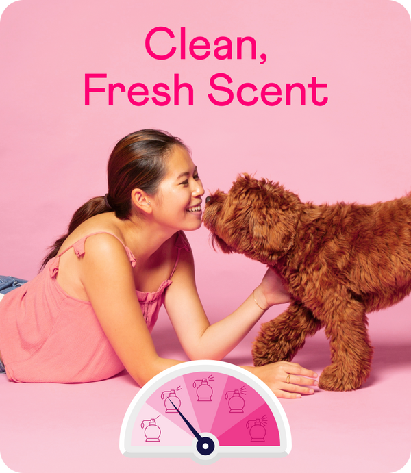 Woman in pink top playing with brown curly-haired dog on pink background with "Clean, Fresh Scent" text and scent meter gauge