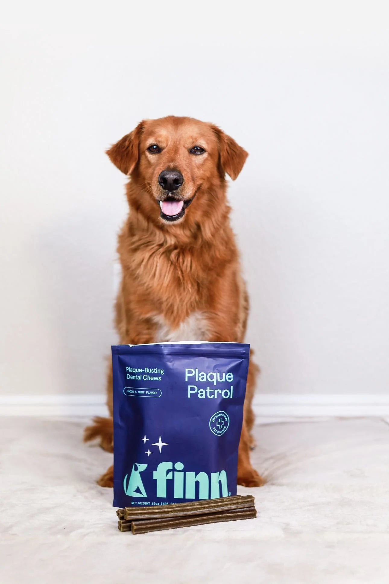 Golden retriever dog sitting behind blue Finn Plaque Patrol dental chews package on white background
