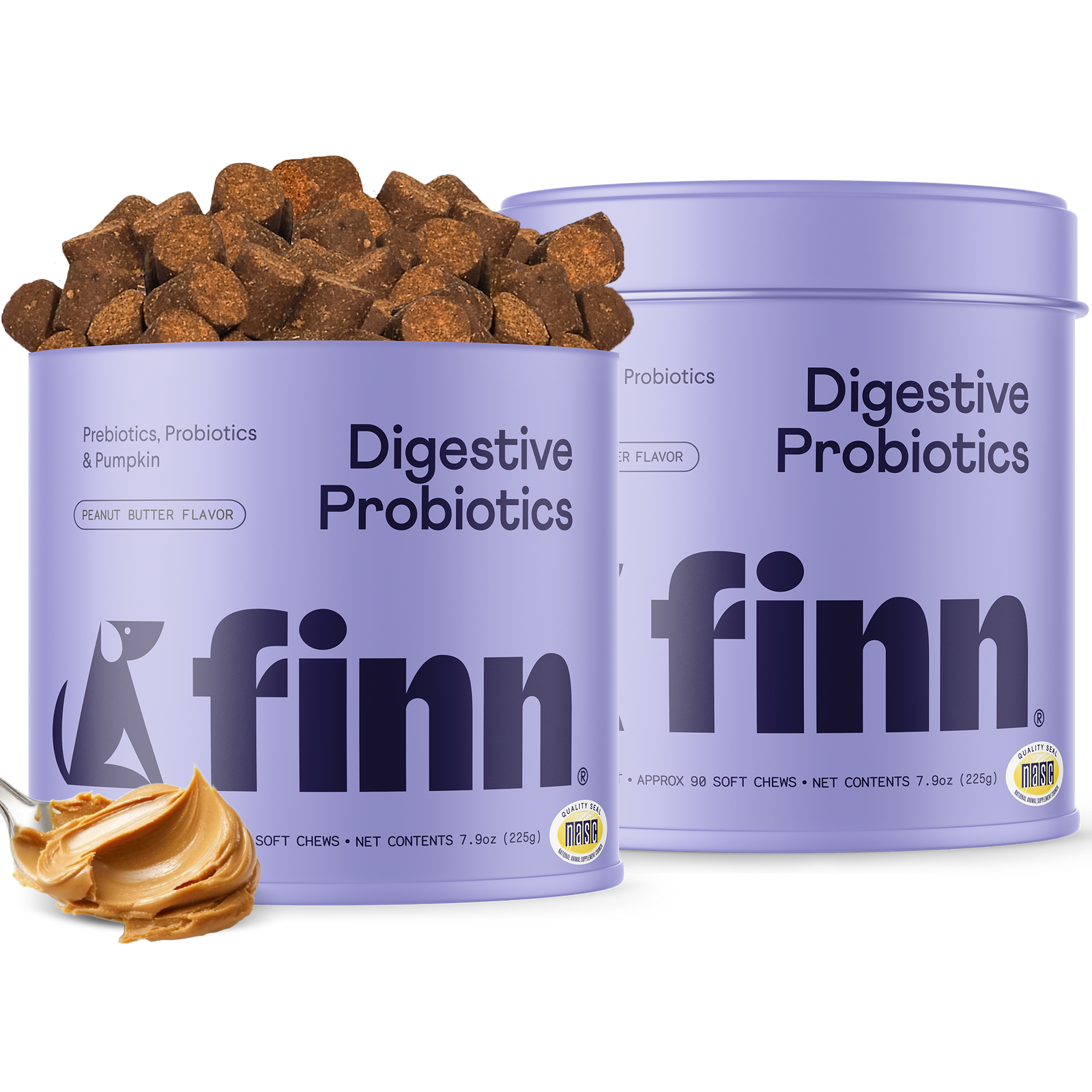 Two purple containers of Finn Digestive Probiotics supplements - one peanut butter flavor with spilled brown chews, one plain flavor