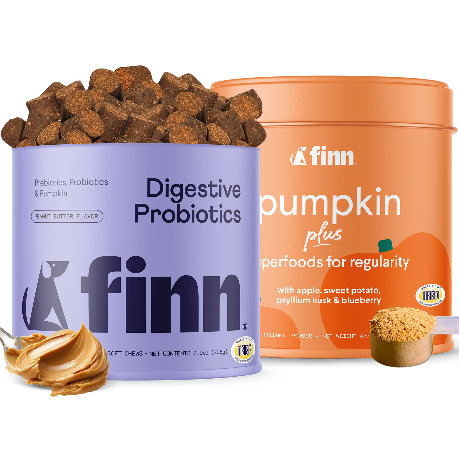 Finn brand digestive probiotics in purple container with peanut butter flavored chews spilled out, next to orange pumpkin plus supplement powder container
