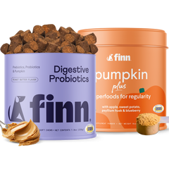 Finn brand digestive probiotics in purple container with peanut butter flavored chews spilled out, next to orange pumpkin plus supplement powder container