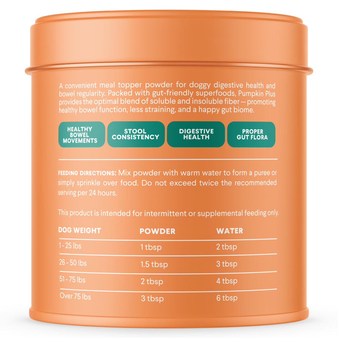 Orange cylindrical container showing back panel with feeding directions and dosage chart for dog digestive supplement powder