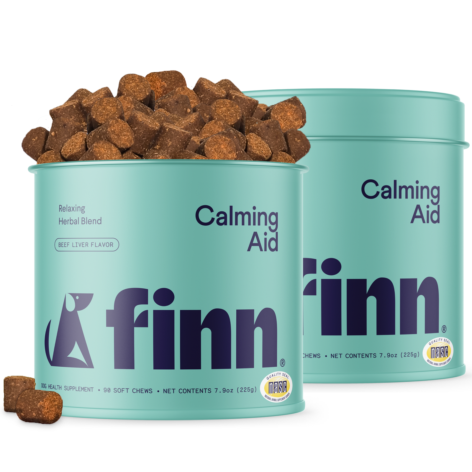 Two turquoise Finn pet supplement cans labeled "Calming Aid" with brown beef liver flavored chews scattered around them