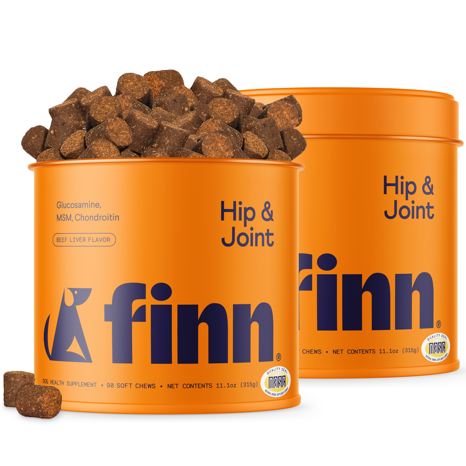 Two orange containers of Finn Hip & Joint dog supplements with brown chews scattered around and spilling from one container