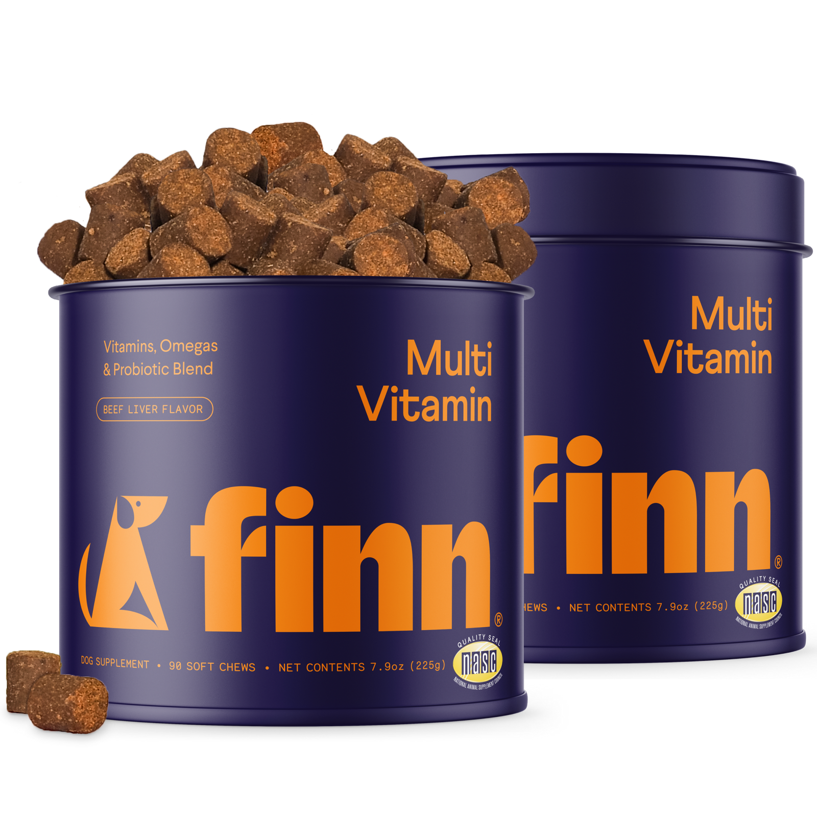 Two purple cylindrical containers of Finn Multi Vitamin dog supplements with orange text, beef liver flavored soft chews scattered around