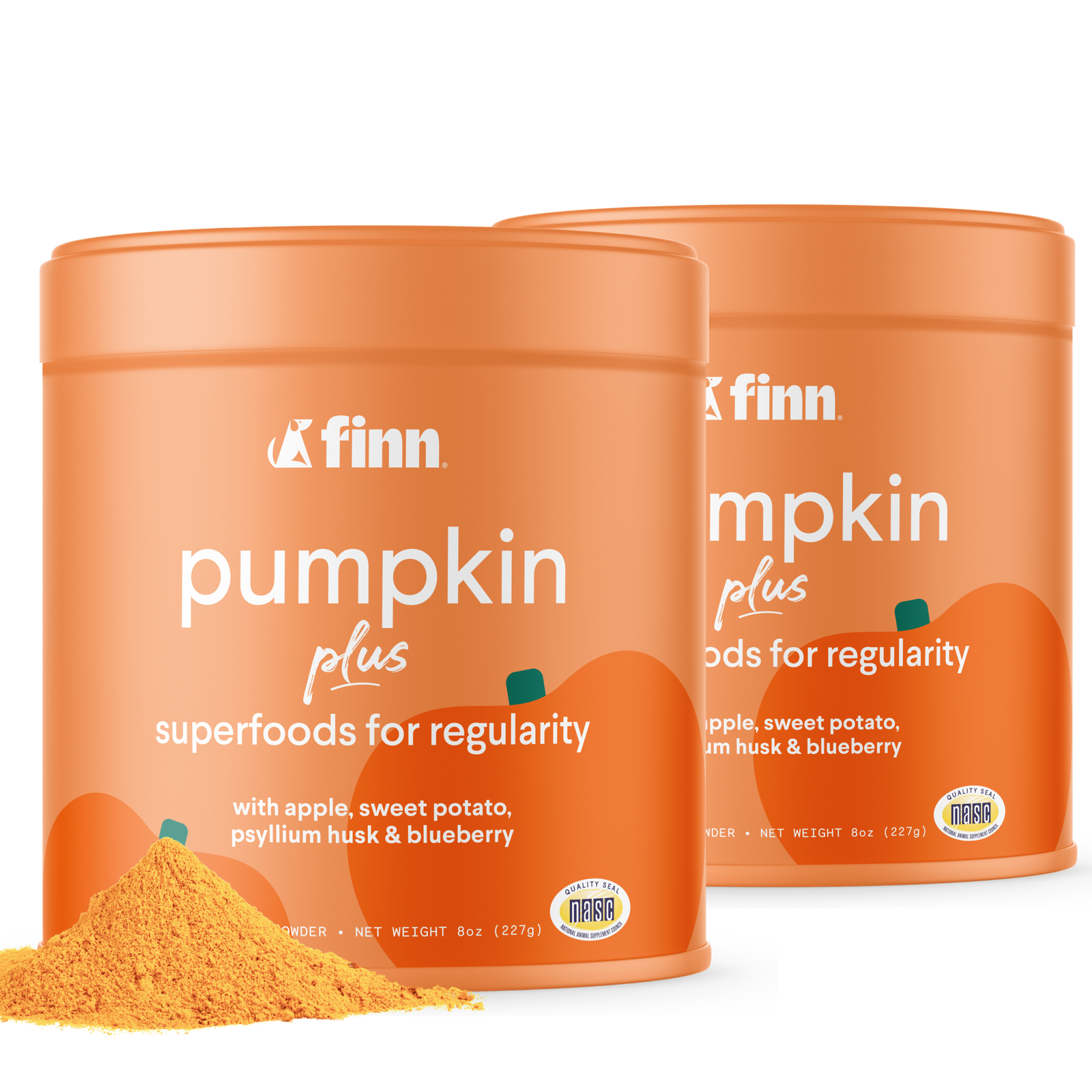 Two orange containers of Finn Pumpkin Plus superfood powder for regularity, with pumpkin graphics and yellow powder visible