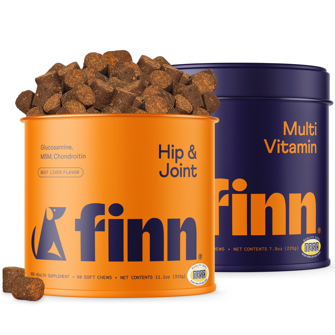 Two Finn dog supplement containers - orange Hip & Joint with beef liver treats spilling out, and purple Multi Vitamin bottle