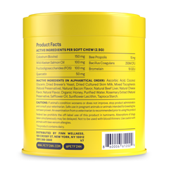 Yellow cylindrical pet supplement container showing product facts label with active ingredients and company information on back panel.