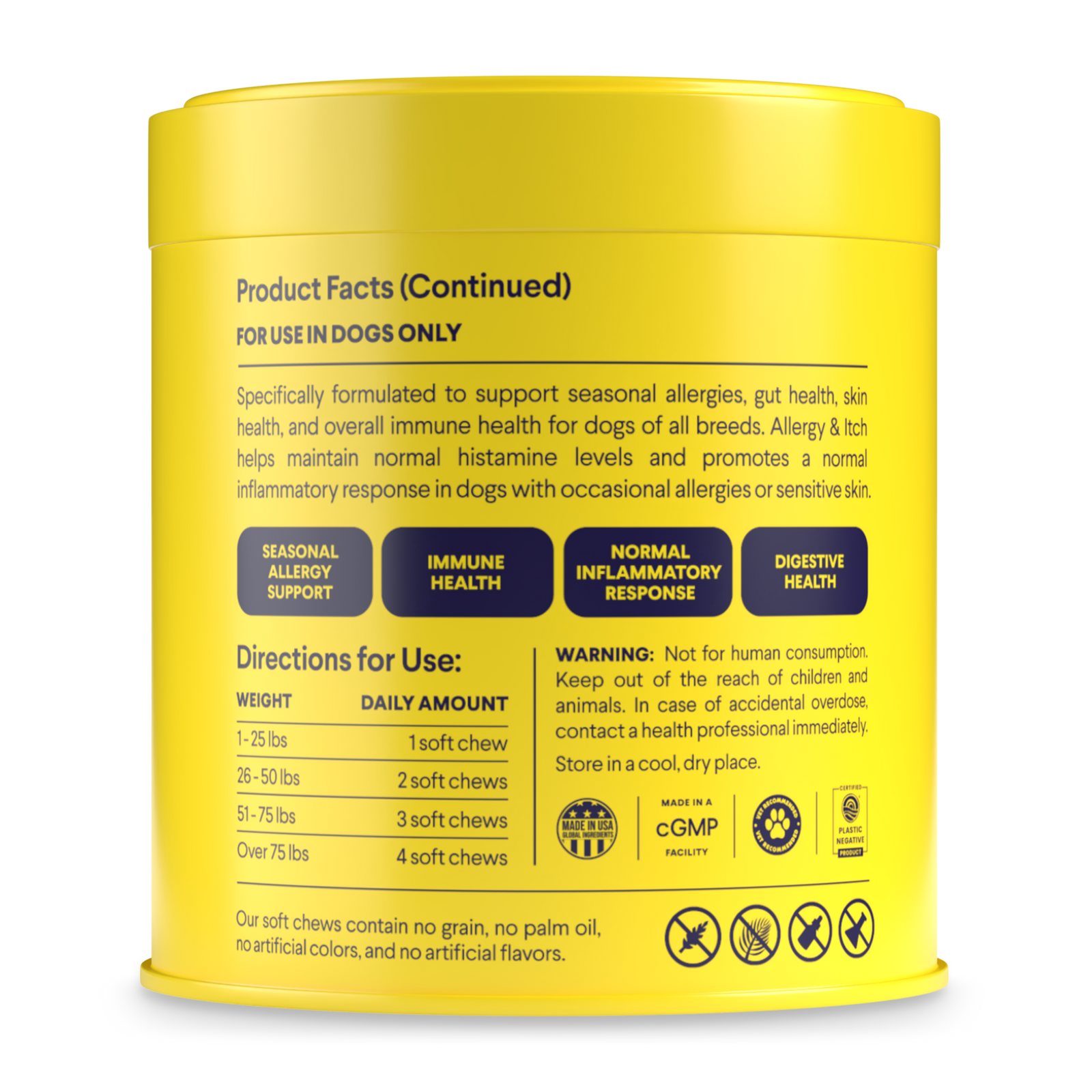 Yellow cylindrical container showing dog supplement product facts, dosage instructions by weight, and key benefits for allergy and immune support.