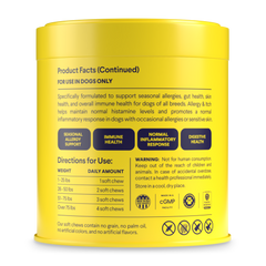 Yellow cylindrical container showing dog supplement product facts, dosage instructions by weight, and key benefits for allergy and immune support.