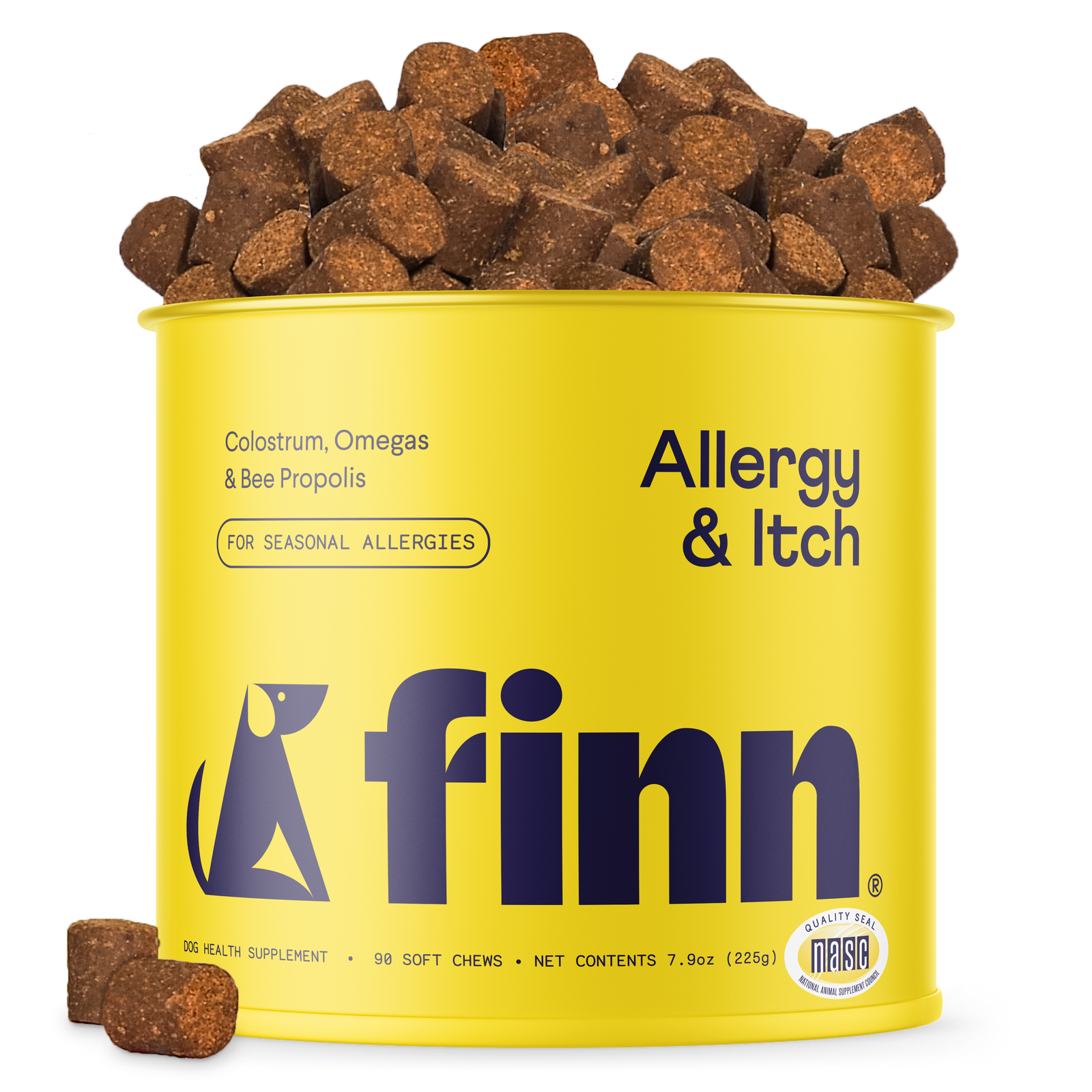 Yellow container of Finn Allergy & Itch dog supplements with brown soft chews spilling over the top and scattered around