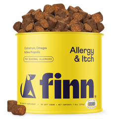Yellow container of Finn Allergy & Itch dog supplements with brown soft chews spilling over the top and scattered around