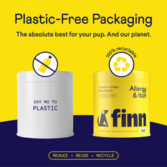 Yellow promotional graphic showing two cylindrical pet supplement containers - one white with "SAY NO TO PLASTIC" text and crossed-out plastic bottle icon, one yellow Finn brand "Allergy & Itch" product with recycling symbol, emphasizing plastic-free packaging.