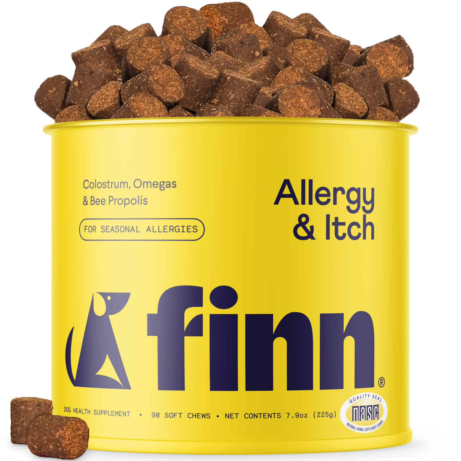 Yellow cylindrical container of Finn Allergy & Itch dog supplements with brown soft chews spilling over the top and scattered around the base.