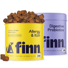 Two Finn pet supplement containers - yellow "Allergy & Itch" with brown treats spilling out and purple "Digestive Probiotics"