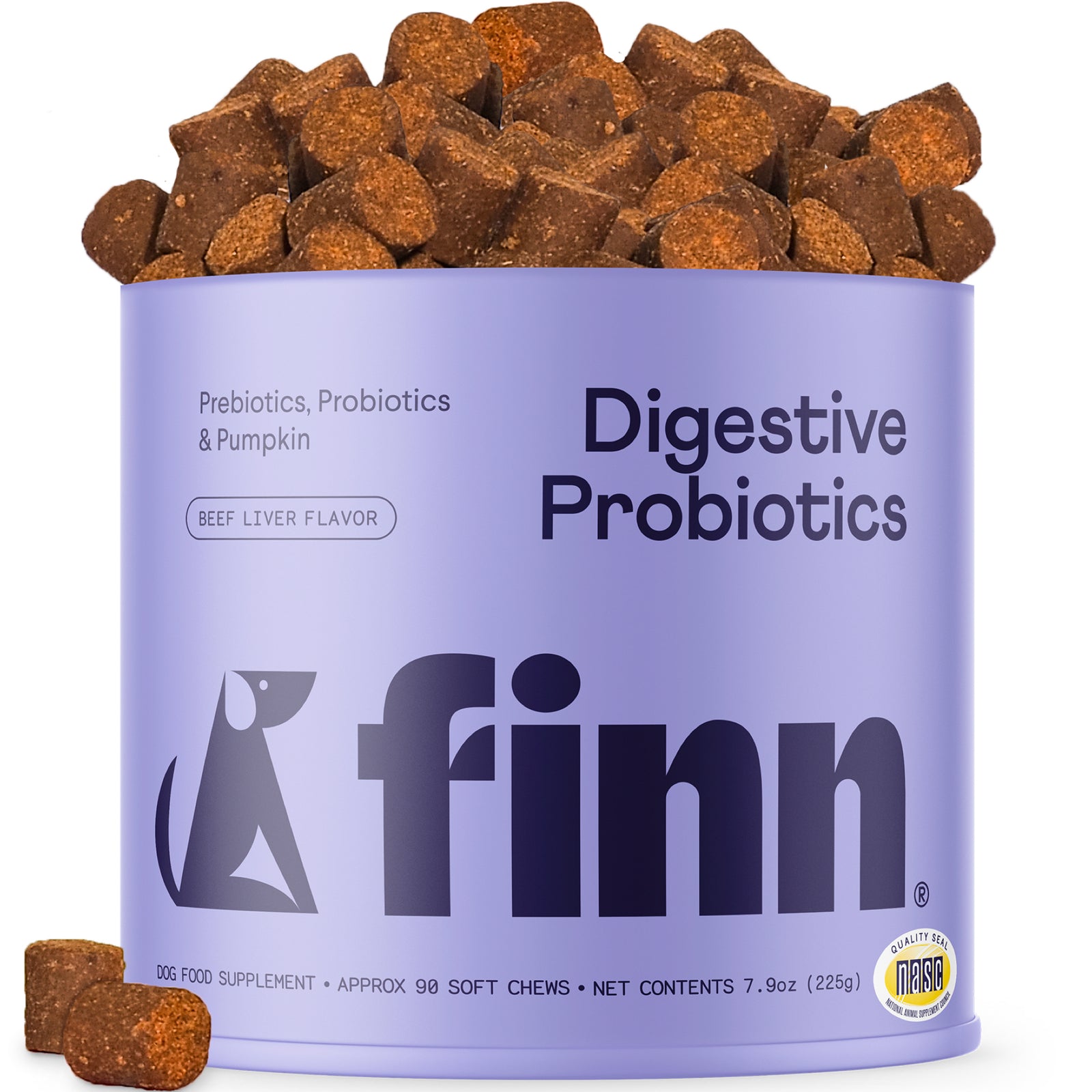 Purple container of Finn digestive probiotics dog treats with brown kibble overflowing from top, beef liver flavor supplement