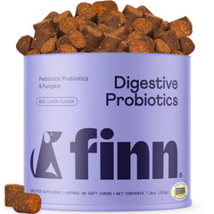 Purple container of Finn digestive probiotics dog treats with brown kibble overflowing from top, beef liver flavor supplement