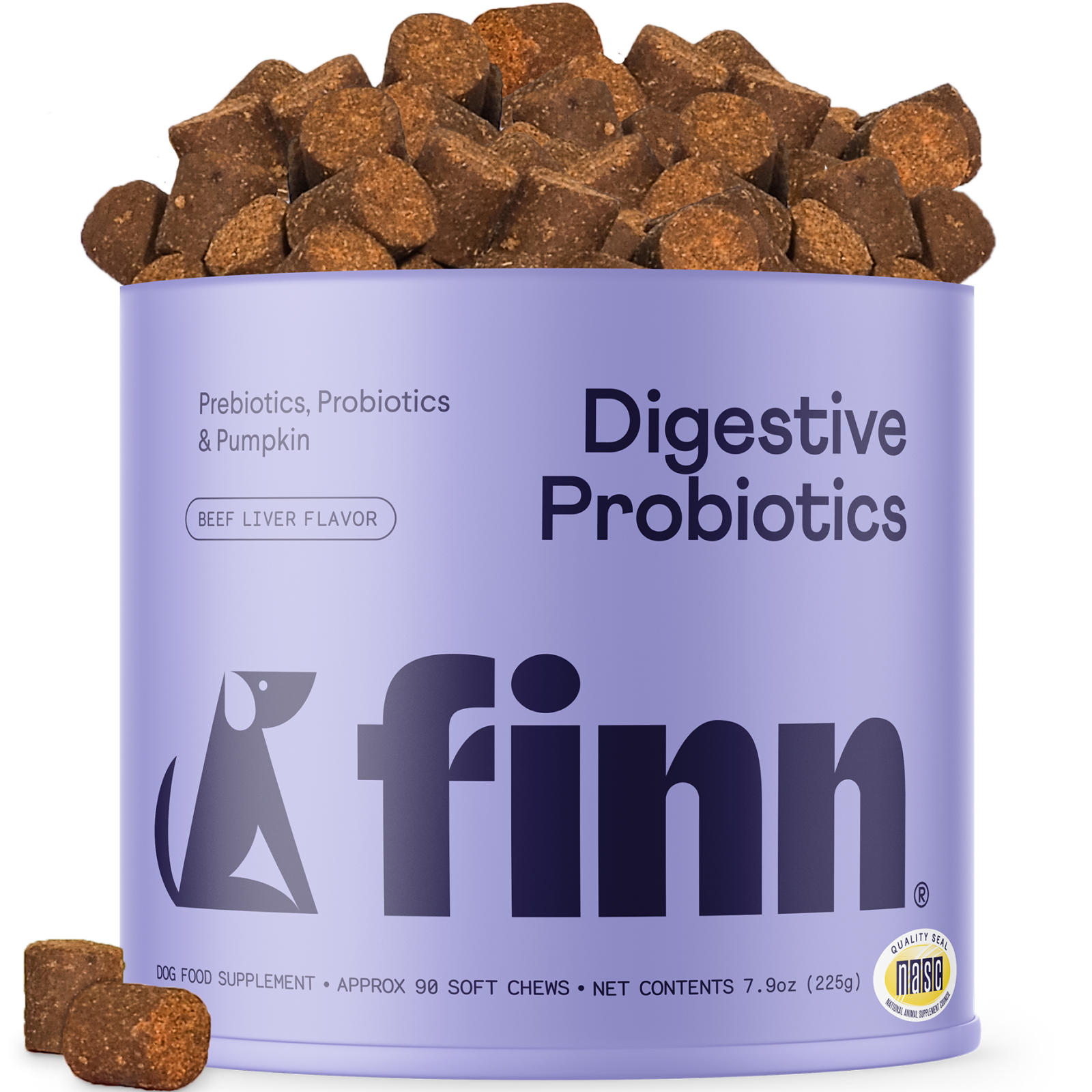 Purple container of Finn digestive probiotics for dogs with dog food chews on a white background
