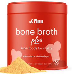 Red container of Finn bone broth plus with yellow powder on a white background