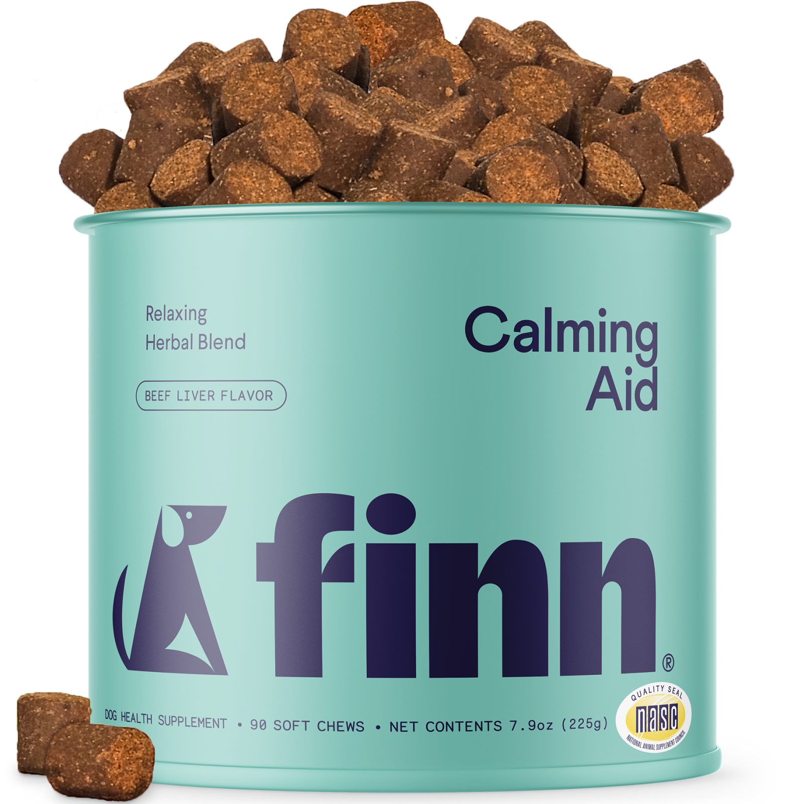 Finn Calming Aid supplement can with dog treats on a white background
