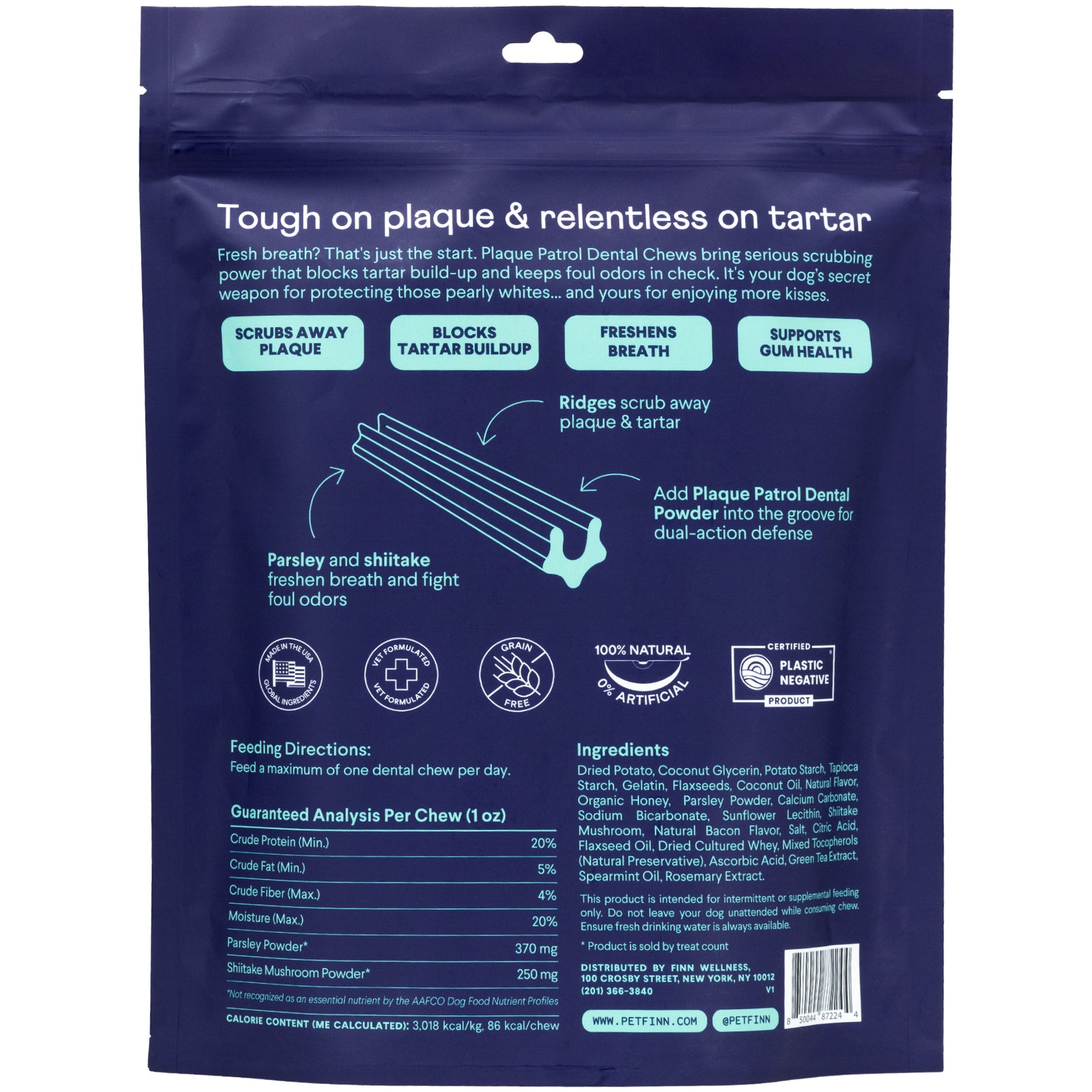 Blue package for Plaque Patrol Dental Chews showing product benefits, ingredients, feeding directions, and chew illustration