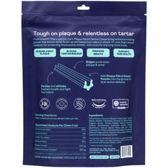 Blue package for Plaque Patrol Dental Chews showing product benefits, ingredients, feeding directions, and chew illustration