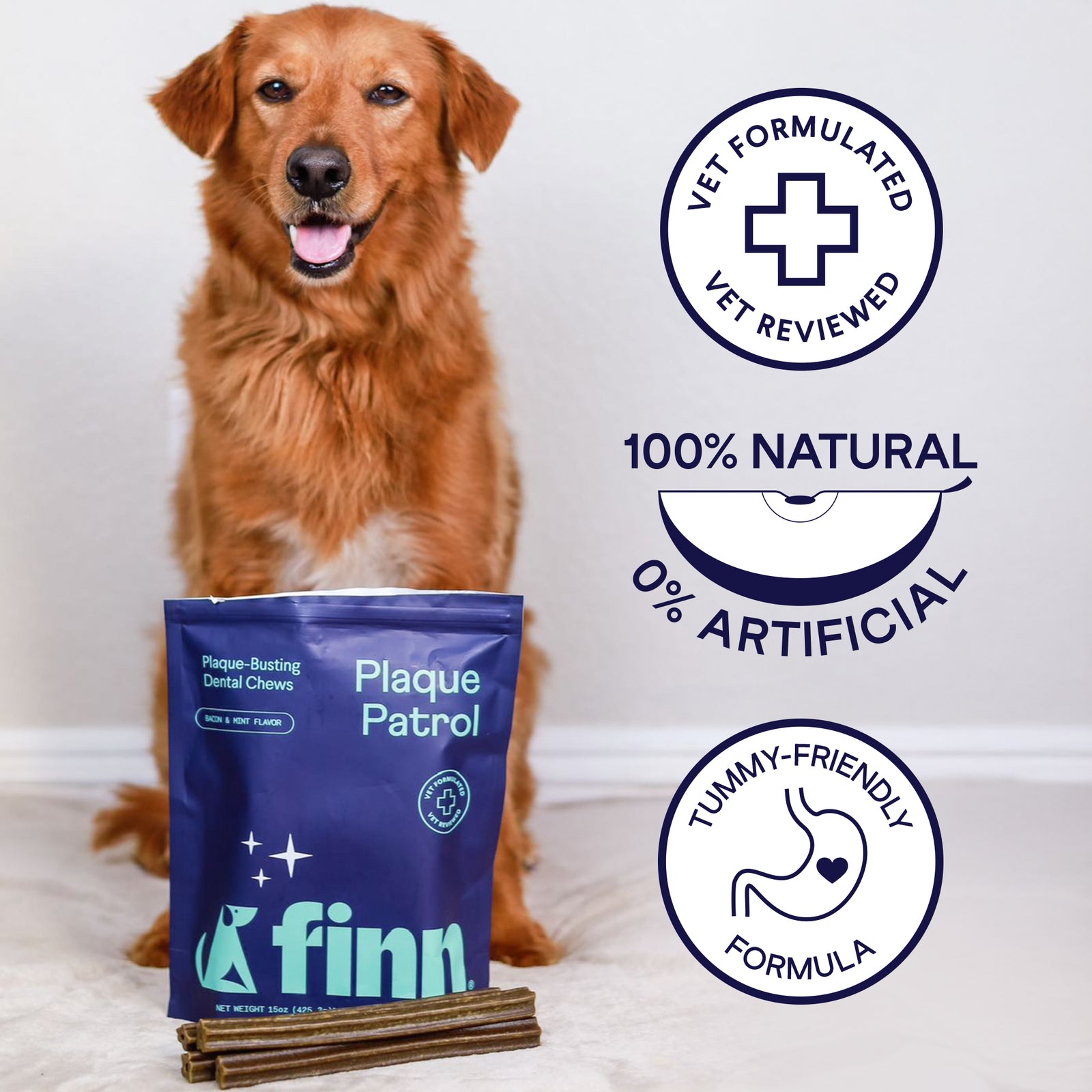 Golden retriever sitting behind blue Finn Plaque Patrol dental chews package with three circular badges showing vet formulated, 100% natural, and tummy-friendly claims