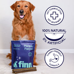Golden retriever sitting behind blue Finn Plaque Patrol dental chews package with three circular badges showing vet formulated, 100% natural, and tummy-friendly claims