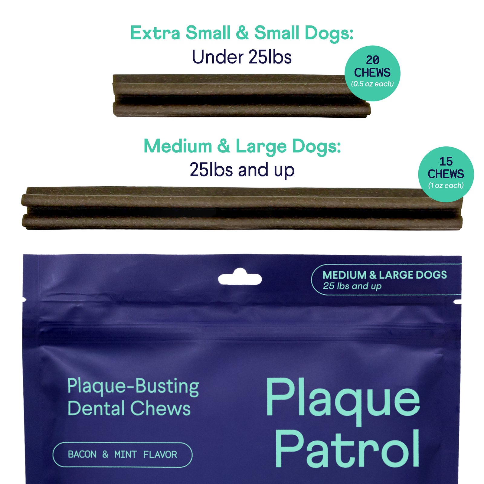 Plaque Patrol dental chews for dogs in two sizes: small (20 chews, 0.5oz each) and large (15 chews, 1oz each) with bacon & mint flavor packaging