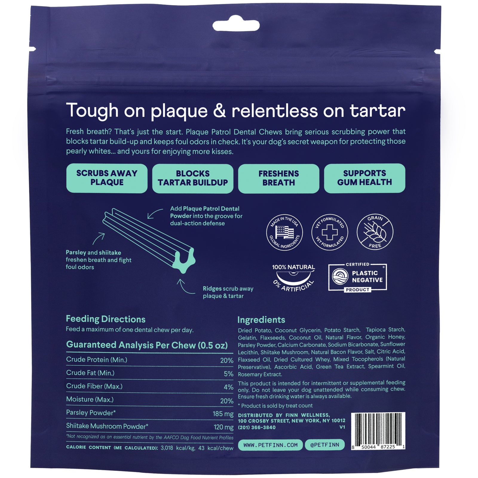 Blue packaging for Finn Plaque Patrol Dental Chews showing product benefits, ingredients, feeding directions and nutritional analysis