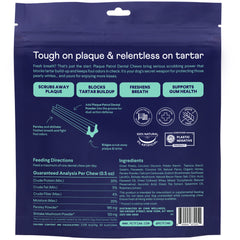 Blue packaging for Finn Plaque Patrol Dental Chews showing product benefits, ingredients, feeding directions and nutritional analysis