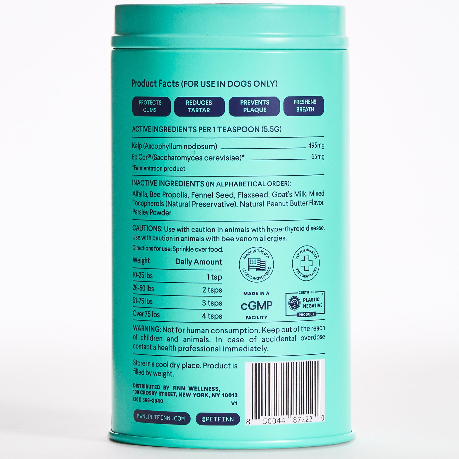 Turquoise canister showing back label of Finn dental powder for dogs with ingredient list, dosage chart, and product information