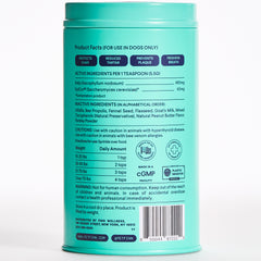 Back of teal cylindrical container showing dog dental powder product facts, ingredients, dosage chart by weight, and safety warnings