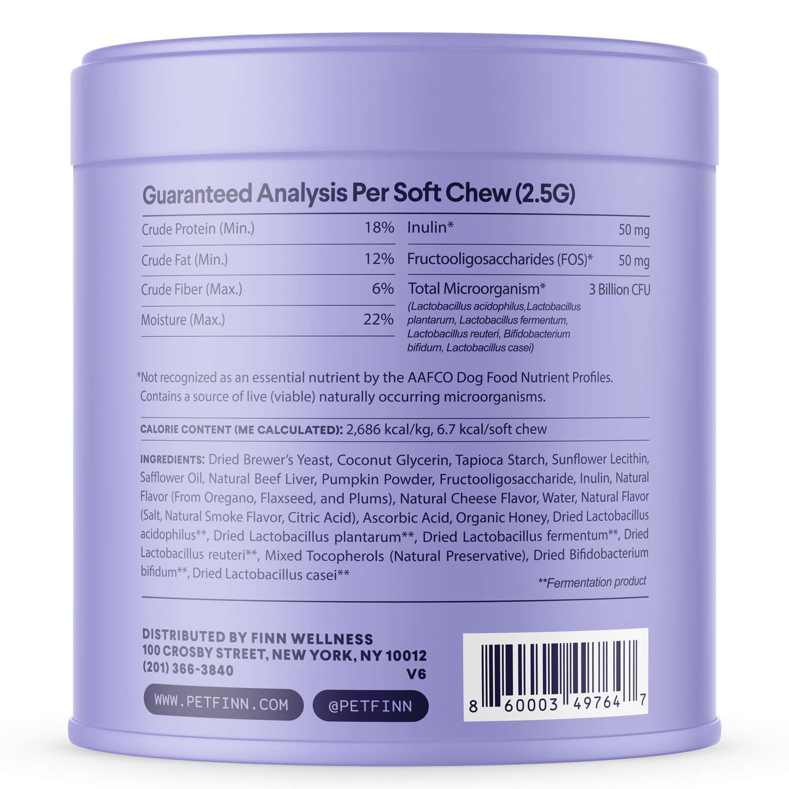 Purple cylindrical container showing back label with guaranteed analysis, ingredients list, and nutritional information for dog probiotic soft chews