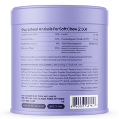 Purple cylindrical container showing back label with guaranteed analysis, ingredients list, and nutritional information for dog probiotic soft chews