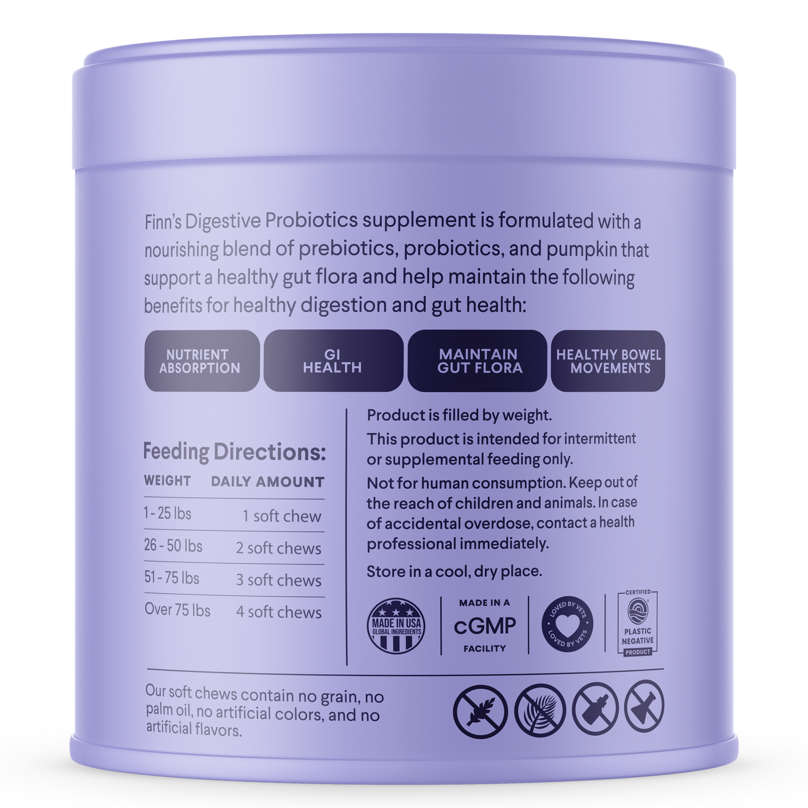 Purple cylindrical container showing back label of Finn's Digestive Probiotics dog supplement with feeding directions and product benefits
