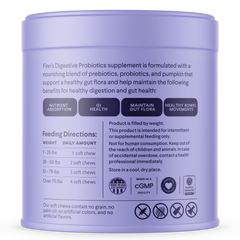 Purple cylindrical container showing back label of Finn's Digestive Probiotics dog supplement with feeding directions and product benefits