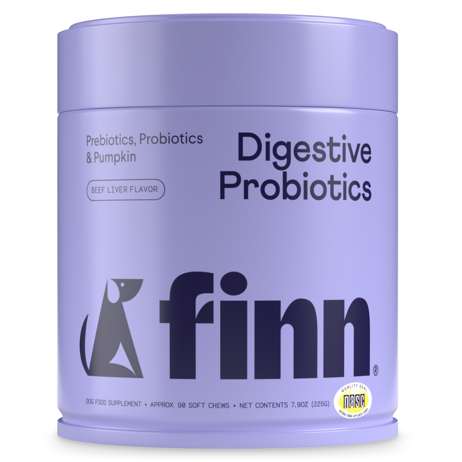 Purple cylindrical container of Finn Digestive Probiotics dog supplement with beef liver flavor, featuring dog silhouette logo