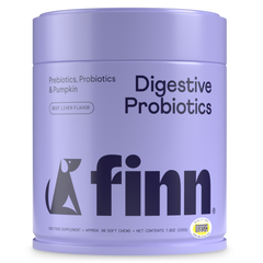 Purple cylindrical container of Finn Digestive Probiotics dog supplement with beef liver flavor, featuring dog silhouette logo
