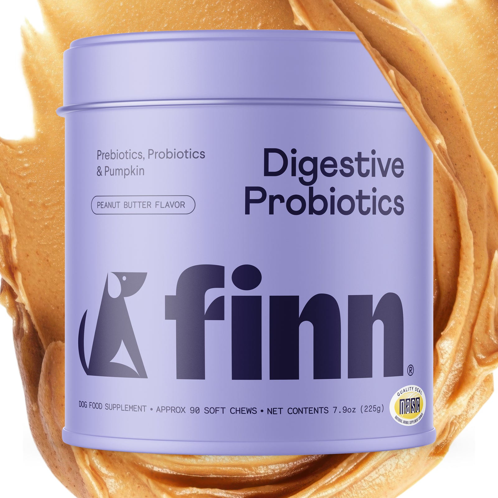 Purple container of Finn Digestive Probiotics dog supplements in peanut butter flavor against swirled peanut butter background