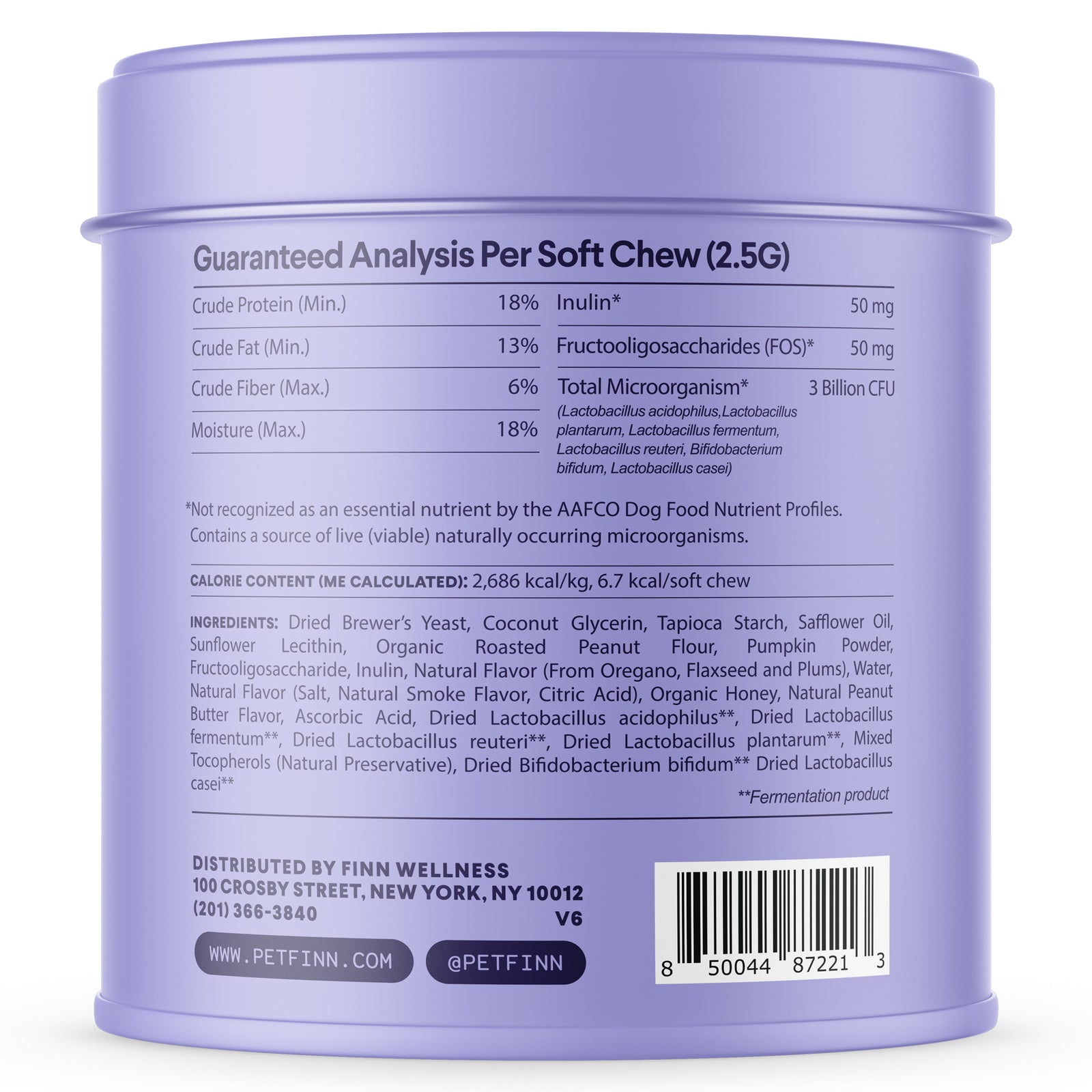 Purple cylindrical tin container showing nutritional analysis and ingredients for dog probiotic soft chews